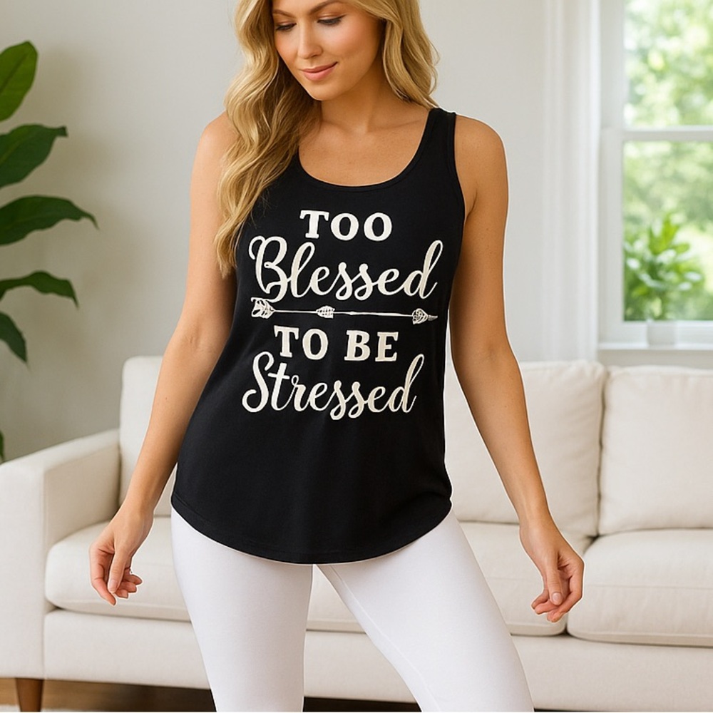 XL/1xl/2xl NEW Women Too Blessed To Be Stressed Tank Top, Graphic Tee